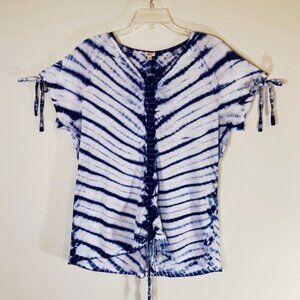 Reba Top Shirt Blouse Pullover Tie-Dye V-Neck Drawstring Front & Shoulders SZ L